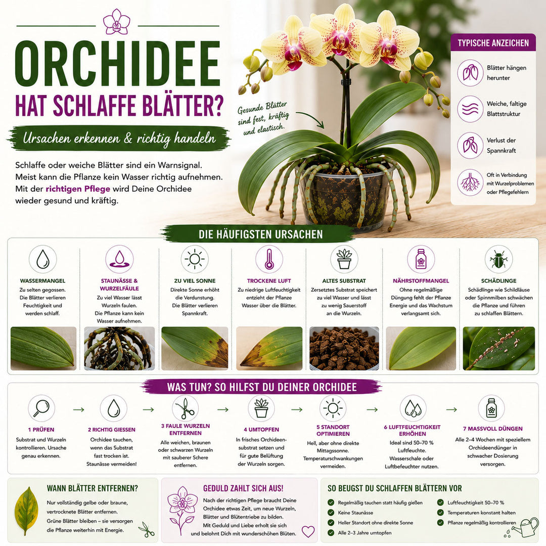 Orchidee hat schlaffe Blätter – Ursachen erkennen und die Pflanze retten ✓