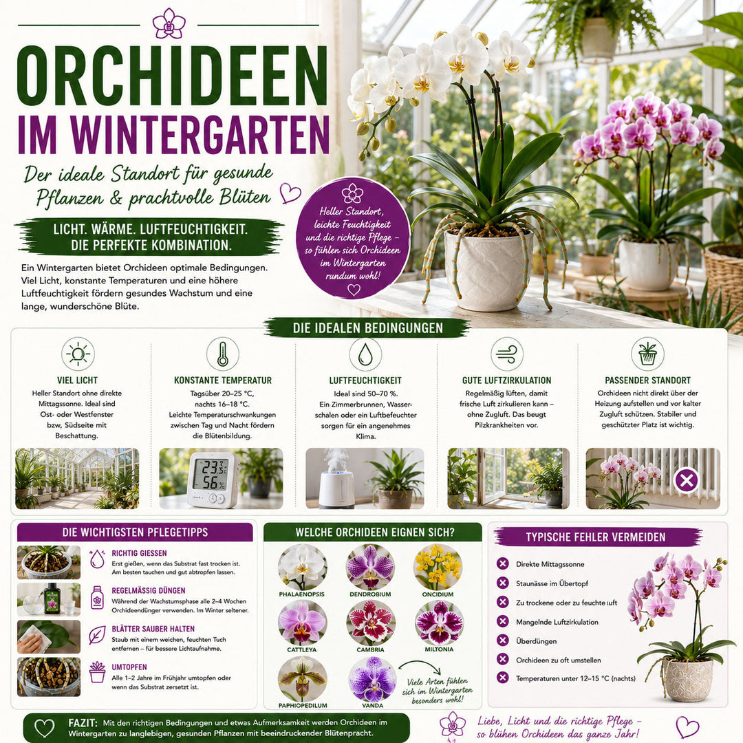 Orchideen im Wintergarten – So gedeihen sie das ganze Jahr über ✓