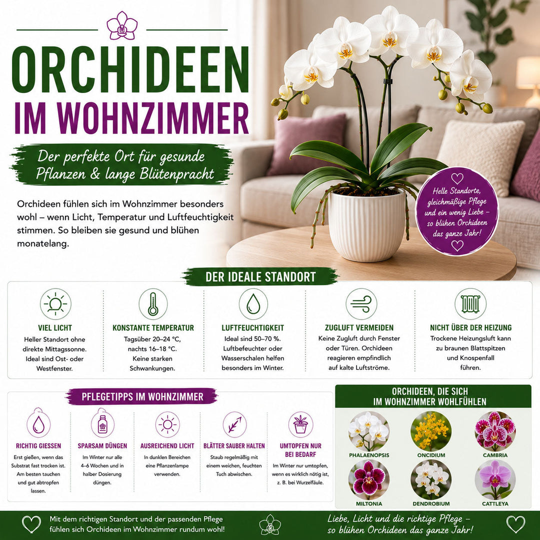 Orchideen im Wohnzimmer – So finden Deine Orchideen den perfekten Platz ✓