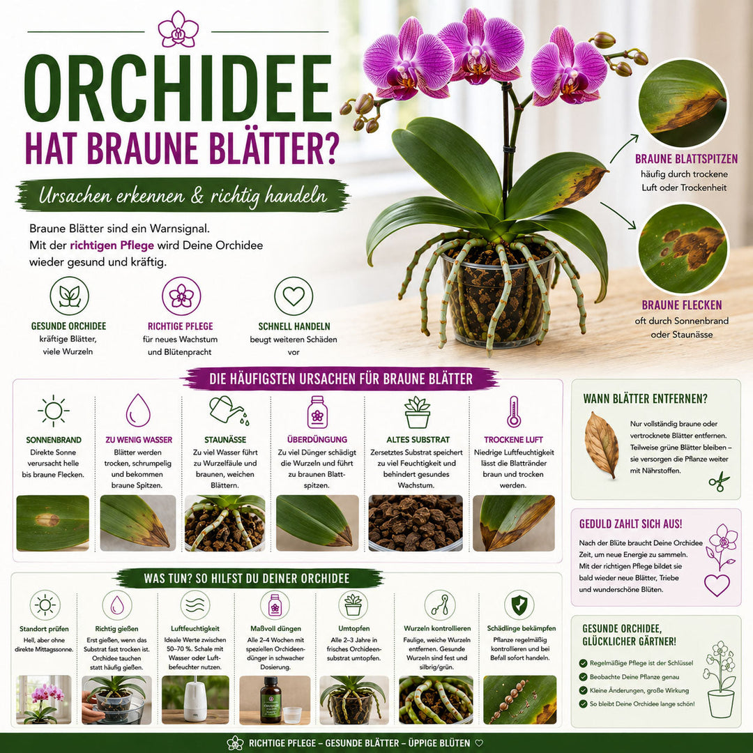Orchidee hat braune Blätter – Ursachen erkennen und richtig behandeln ✓
